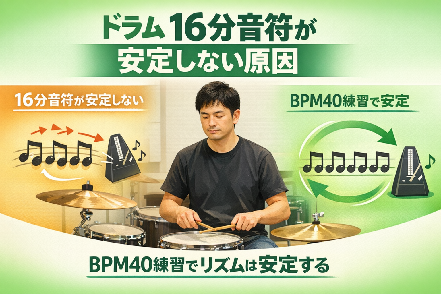 ドラムの16分音符が安定しない原因｜BPM40練習でリズムが劇的に安定する方法 - 千葉県船橋市の初心者のための川島広明ドラム教室